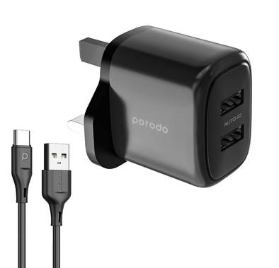 Porodo 12W Double USB  2.4A Charger UK with A-Type C 1.2M...