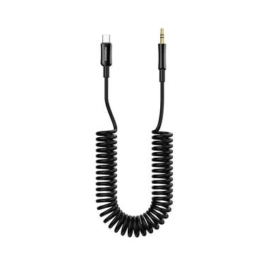 Porodo 3.5mm AUX to USB-C Coiled Audio Cable with 1.2m Length, Universal Compatibility, Auto-Retract & Tangle-Free Design - Black