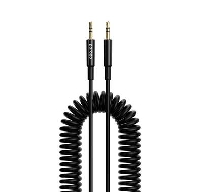 Porodo 3.5mm AUX Coiled Audio Cable Convenient Tangle-Free Design 1.2m/4ft, Universal Compatibility, Auto Retractable - Black 