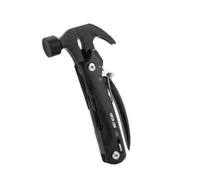 Green Lion 12-in-1 Multitool Hammer with Stainless Steel Material, Needle-Nose Pliers, Standard Pliers, Wire Cutter, Nail Puller, Saw, Bottle Opener, Knife Blade, Philips Screwdriver, Fish Scaler, Slotted Screwdriver & Nail File - Black