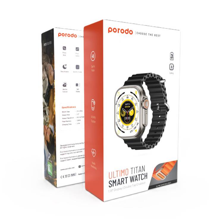 Porodo Ultimo Smart Watch, 2.1", 15 Days Working Time, 3 Hours Charging Time, Bluetooth 3.0 & 5.0, Voice Assistant, Android & iOS Compatible - Titanium Bezel & Black Band