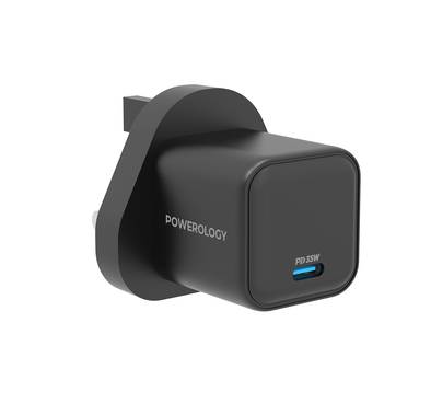 The Powerology 35W Ultra-Quick GaN Charger with UK Plug, USB-C Output Port, Fast Charge, Portable & Compact Design, Built-in Safeguards, 100-240V Input - Black