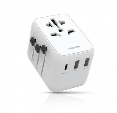 Green Lion 20W PD Universal Travel Adapter with Carrying Pouch, Dual USB-A Ports, US, AU, EU & UK Plug Compatibility, Short-Circuit Protection & Overheat Protection - White 