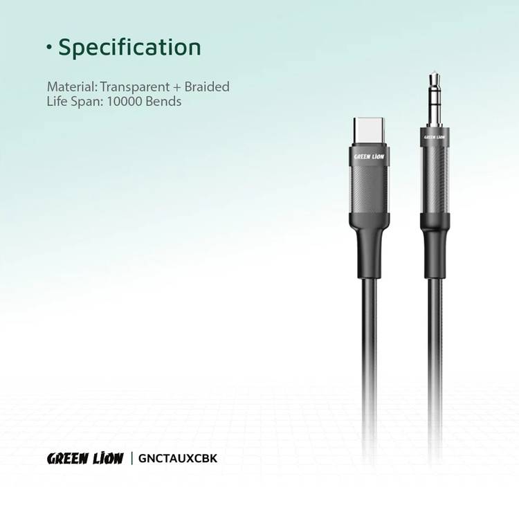 Green Lion USB-C to AUX Braided Cable, Stable Signal, Durable, Copper Core, Transparent + Braided, 10000 Bends Lifespan, 1 m Cable Length - Black