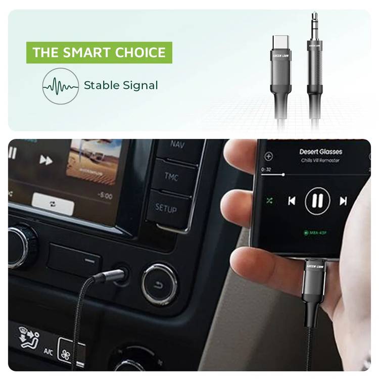Green Lion USB-C to AUX Braided Cable, Stable Signal, Durable, Copper Core, Transparent + Braided, 10000 Bends Lifespan, 1 m Cable Length - Black
