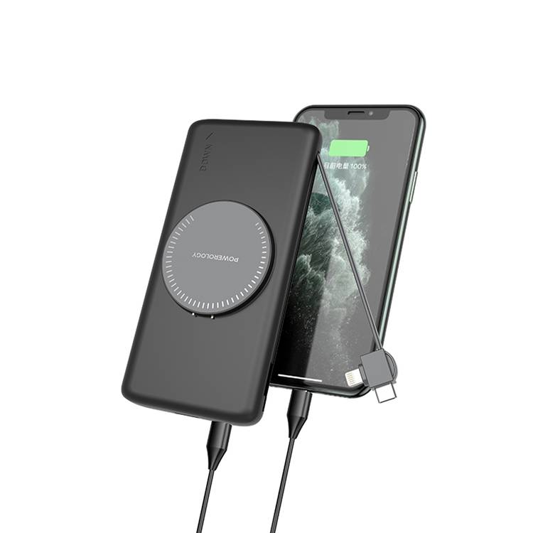 Powerology 8-in-1 Power Station with 10000mAh Capacity, 20W Power Delivery, Quick Charge, Wireless Charging Compatibility, Type C & Lightning Built in Cables, Multi-Output Power Bank, All-in-One terminal - Black