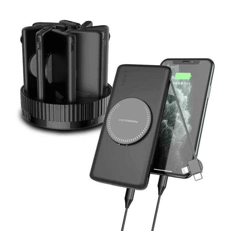 Powerology 8-in-1 Power Station with 10000mAh Capacity, 20W Power Delivery, Quick Charge, Wireless Charging Compatibility, Type C & Lightning Built in Cables, Multi-Output Power Bank, All-in-One terminal - Black