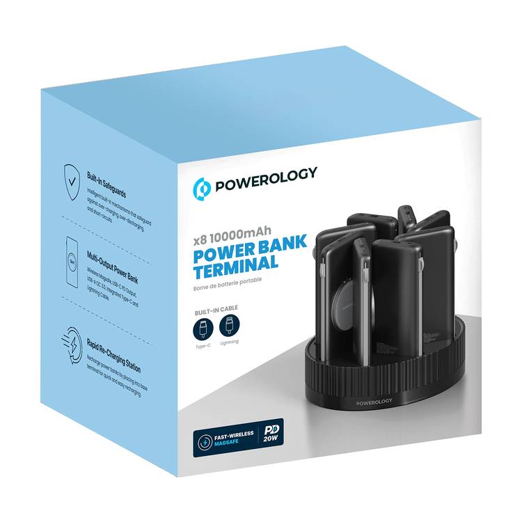 Powerology 8-in-1 Power Station with 10000mAh Capacity, 20W Power Delivery, Quick Charge, Wireless Charging Compatibility, Type C & Lightning Built in Cables, Multi-Output Power Bank, All-in-One terminal - Black
