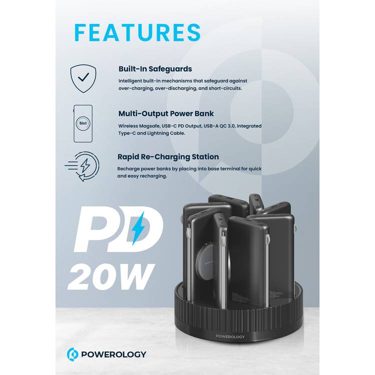 Powerology 8-in-1 Power Station with 10000mAh Capacity, 20W Power Delivery, Quick Charge, Wireless Charging Compatibility, Type C & Lightning Built in Cables, Multi-Output Power Bank, All-in-One terminal - Black