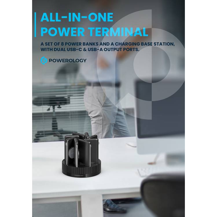 Powerology 8-in-1 Power Station with 10000mAh Capacity, 20W Power Delivery, Quick Charge, Wireless Charging Compatibility, Type C & Lightning Built in Cables, Multi-Output Power Bank, All-in-One terminal - Black