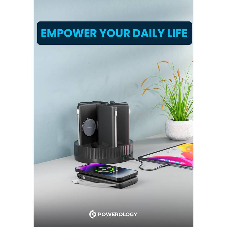 Powerology 8-in-1 Power Station with 10000mAh Capacity, 20W Power Delivery, Quick Charge, Wireless Charging Compatibility, Type C & Lightning Built in Cables, Multi-Output Power Bank, All-in-One terminal - Black