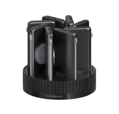 Powerology 8-in-1 Power Station with 10000mAh Capacity, 20W Power Delivery, Quick Charge, Wireless Charging Compatibility, Type C & Lightning Built in Cables, Multi-Output Power Bank, All-in-One terminal - Black