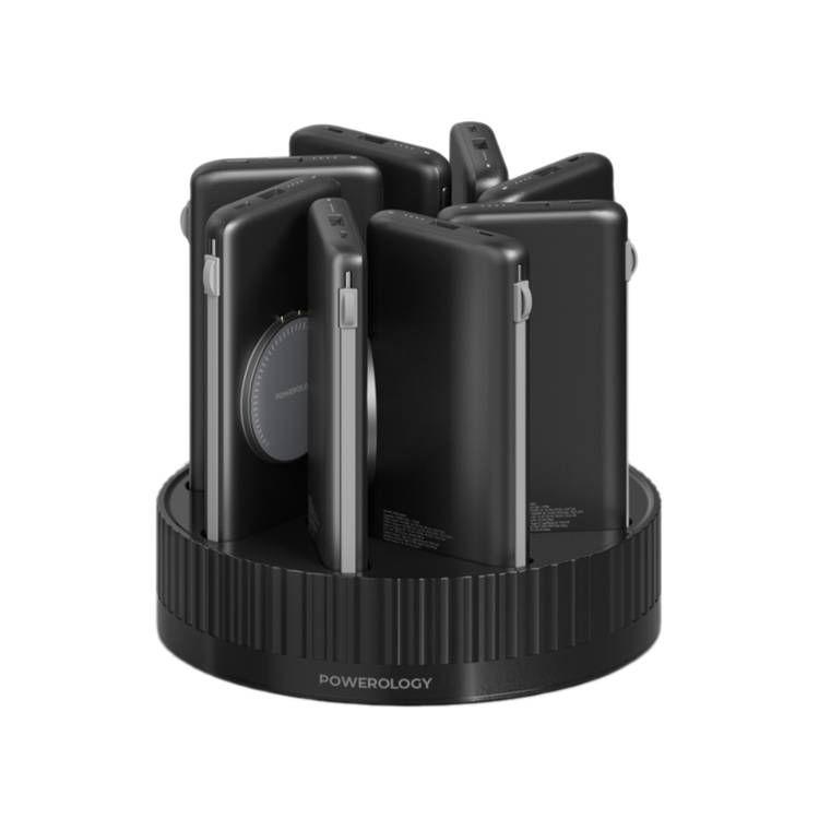 Powerology 8-in-1 Power Station with 10000mAh Capacity, 20W Power Delivery, Quick Charge, Wireless Charging Compatibility, Type C & Lightning Built in Cables, Multi-Output Power Bank, All-in-One terminal - Black