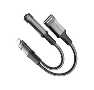 Green Lion 2-in-1 Earphone & Charging Adapter, Lightning to Lightning & 3.5 (Audio) Cable, 12cm Length, Up to 10,000 Bends Lifespan, Braided Cable - Black
