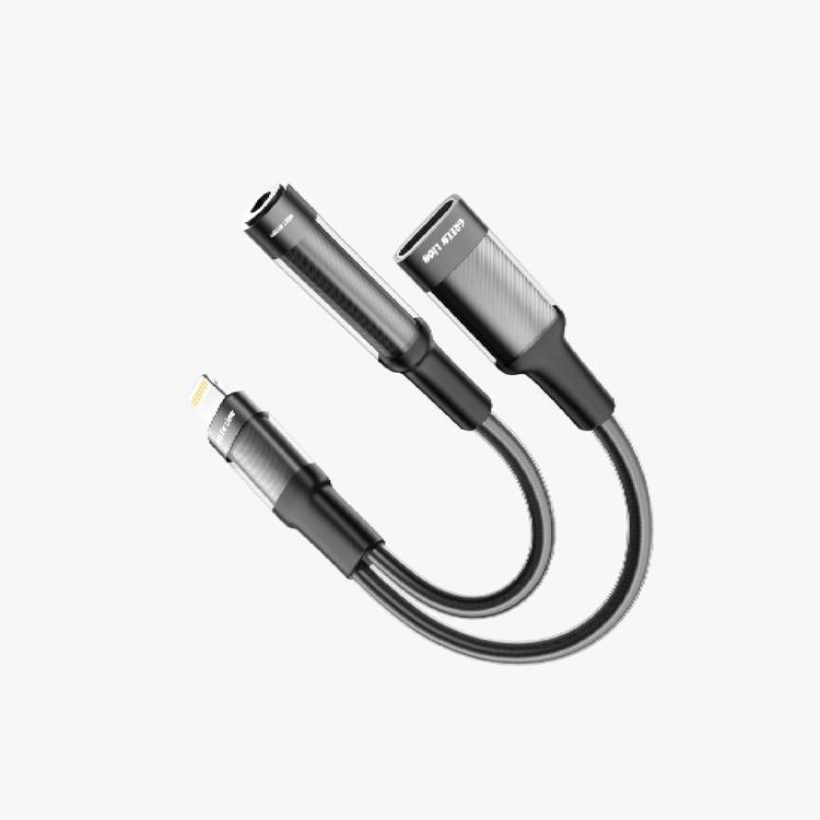 Green Lion 2 in 1 Earphone & Charging Adapter Lightning to Lightning + 3.5 (Audio) 12cm - Black