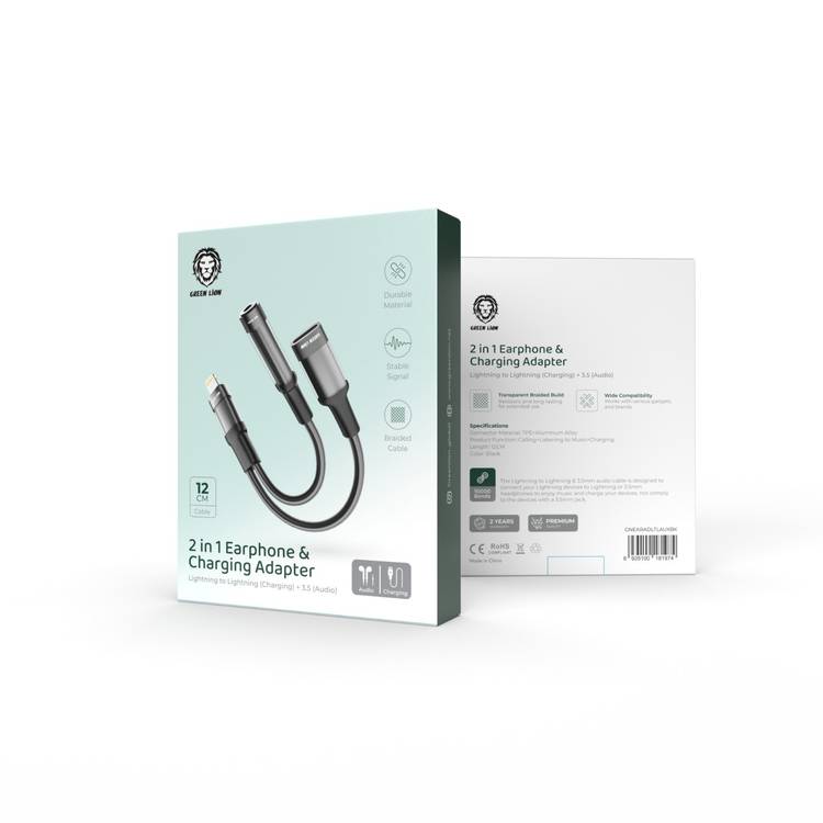 Green Lion 2 in 1 Earphone & Charging Adapter Lightning to Lightning + 3.5 (Audio) 12cm - Black
