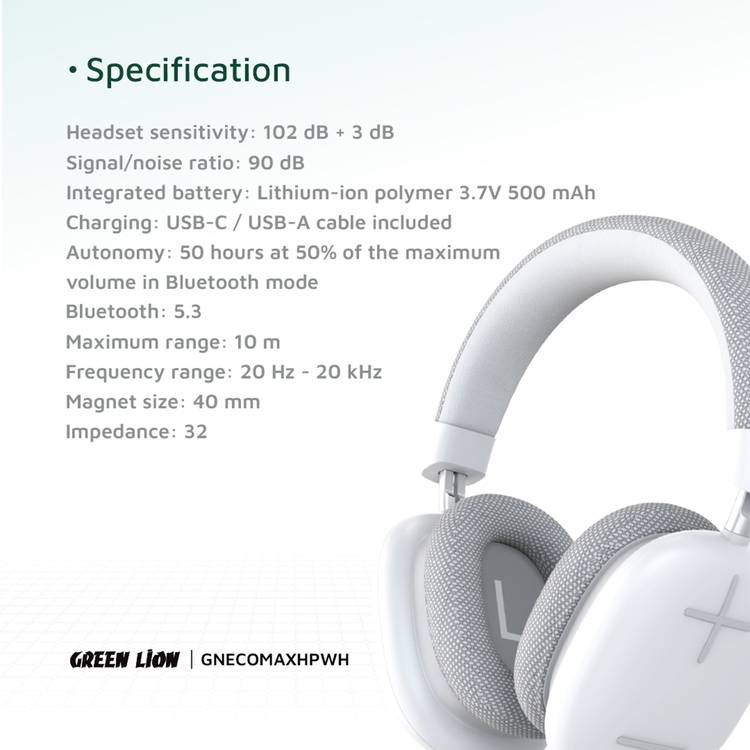 Green Lion Echo Max Wireless Headphones, Comfortable To Wear, Built-in Microphone, Lightweight, 40mm Magnet Size, 10m Maximum Range, 48 Hours Play Time - White