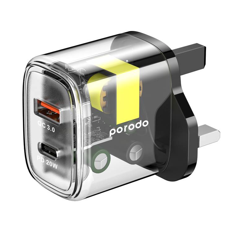 Porodo Dual Output Transparent Quick Charger USB-C PD And USB-A QC UK
