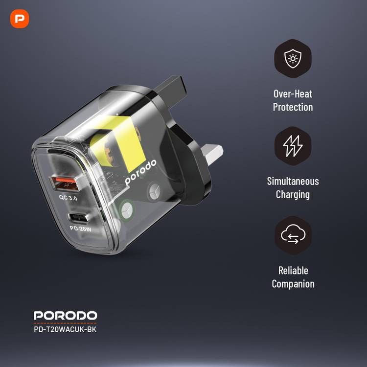 Porodo Dual Output Transparent Quick Charger USB-C PD And USB-A QC UK