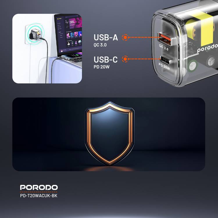 Porodo Dual Output Transparent Quick Charger USB-C PD And USB-A QC UK