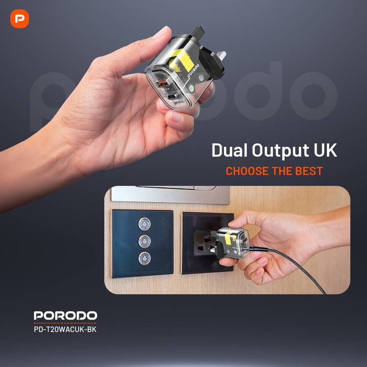 Porodo Dual Output Transparent Quick Charger USB-C PD And USB-A QC UK