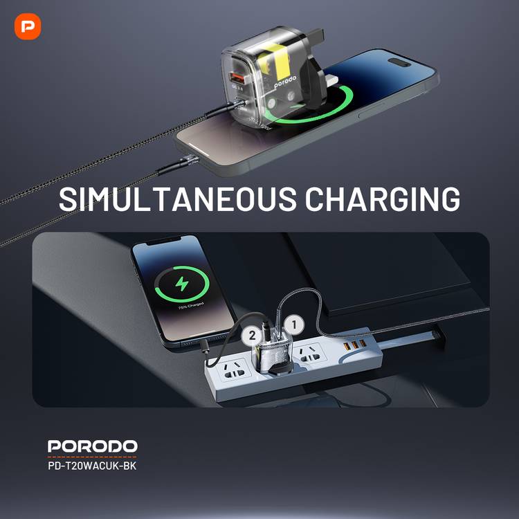Porodo Dual Output Transparent Quick Charger USB-C PD And USB-A QC UK