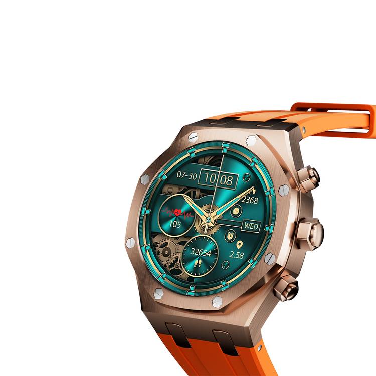 Porodo Cristallo AP Smart Watch 49mm with 1.43" AMOLED Display, 466x466p Resolution, 260mAh Lithium Polymer Battery, Bluetooth V3.0, V5.0, IP68, 128MB Flash Memory, 7-15 Days Working Time - Rose Gold 