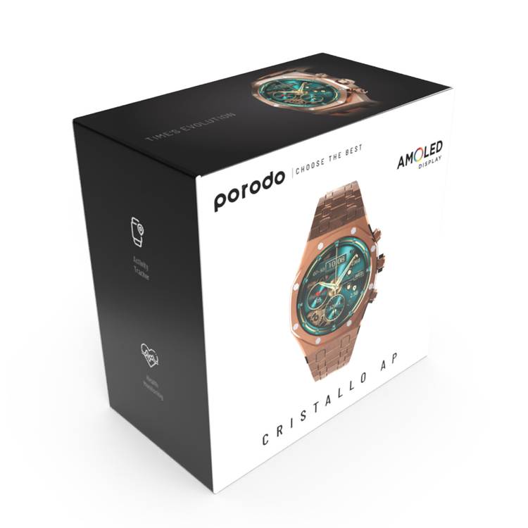 Porodo Cristallo AP Smart Watch 49mm with 1.43" AMOLED Display, 466x466p Resolution, 260mAh Lithium Polymer Battery, Bluetooth V3.0, V5.0, IP68, 128MB Flash Memory, 7-15 Days Working Time - Rose Gold 