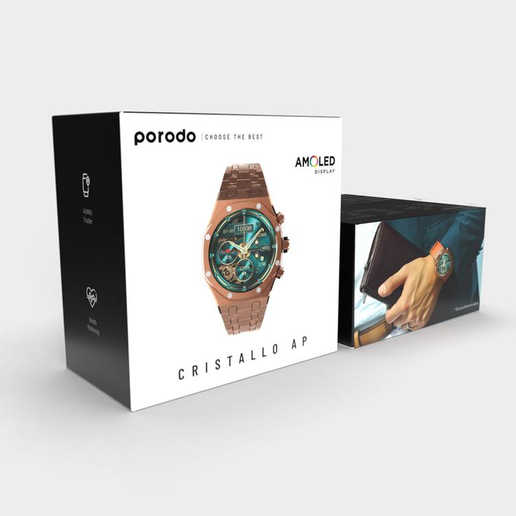 Porodo Cristallo AP Smart Watch 49mm with 1.43" AMOLED Display, 466x466p Resolution, 260mAh Lithium Polymer Battery, Bluetooth V3.0, V5.0, IP68, 128MB Flash Memory, 7-15 Days Working Time - Rose Gold 