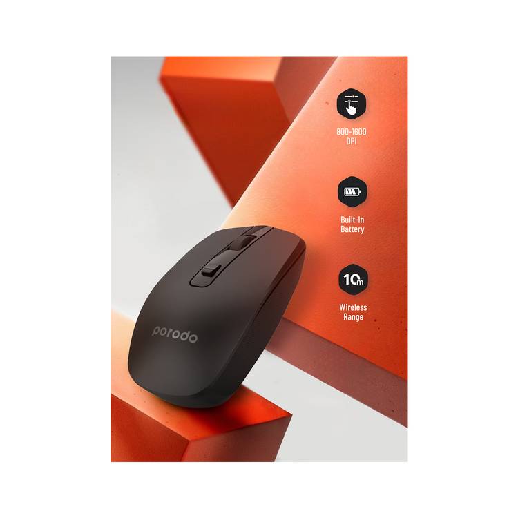 Porodo 1600 DPI Wireless Dual Mode Mouse with 10m Wireless Range, 30 Days Working Time, Built-in Battery - Black