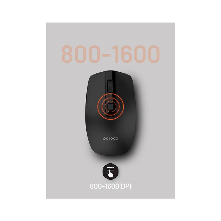 Porodo 1600 DPI Wireless Dual Mode Mouse with 10m Wireless Range, 30 Days Working Time, Built-in Battery - Black