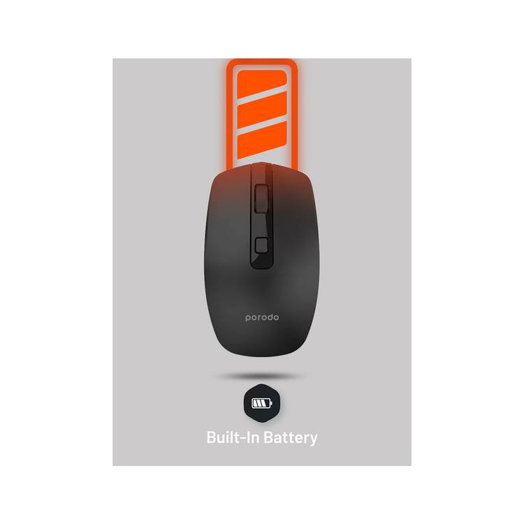 Porodo 1600 DPI Wireless Dual Mode Mouse with 10m Wireless Range, 30 Days Working Time, Built-in Battery - Black