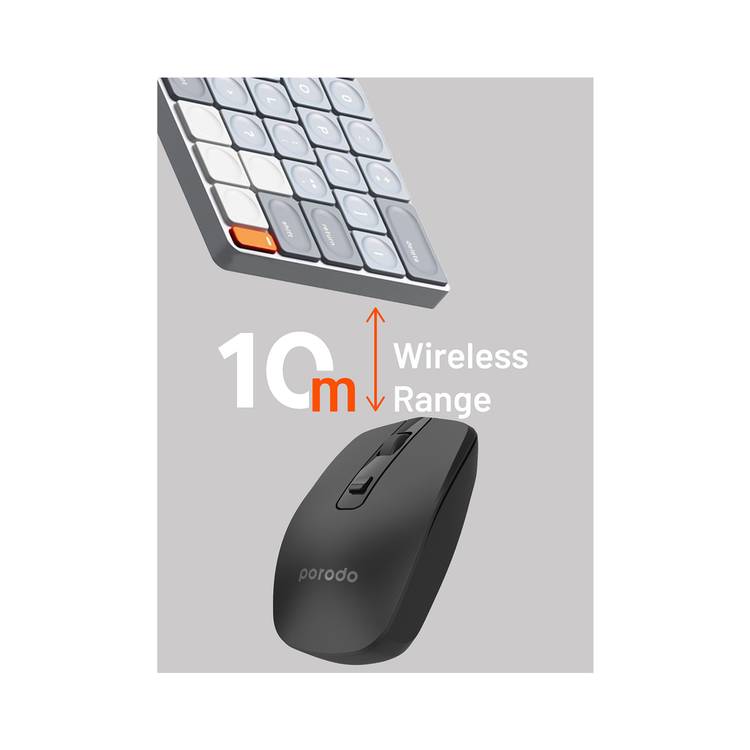 Porodo 1600 DPI Wireless Dual Mode Mouse with 10m Wireless Range, 30 Days Working Time, Built-in Battery - Black
