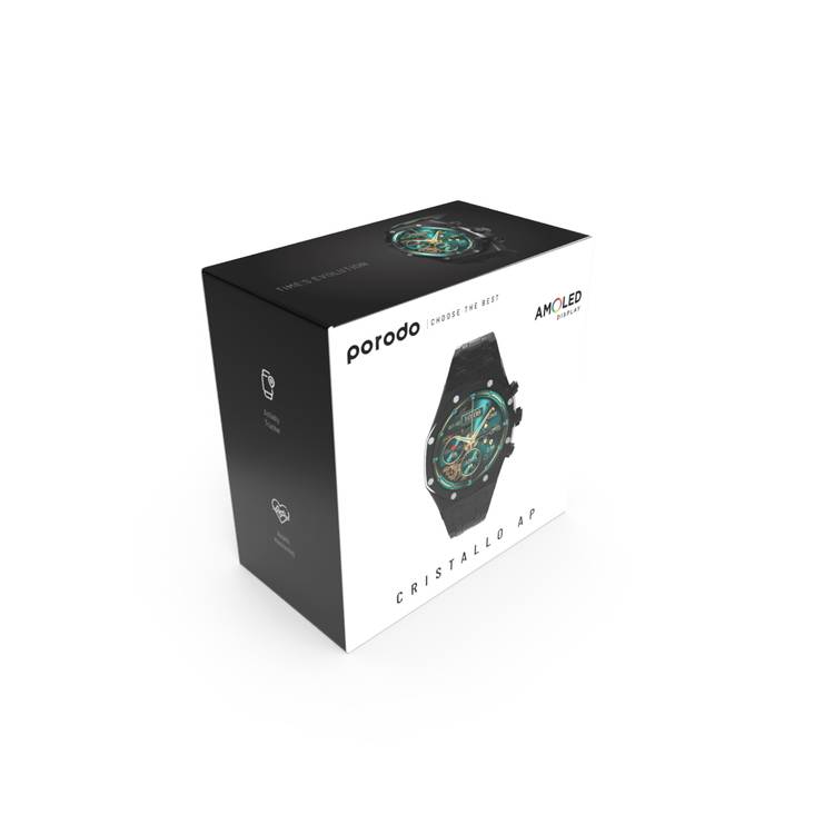 Porodo Cristallo AP Smart Watch 49mm with 1.43" AMOLED Display, 466x466p Resolution, 260mAh Lithium Polymer Battery, Bluetooth V3.0, V5.0, IP68, 128MB Flash Memory, 7-15 Days Working Time - Black 