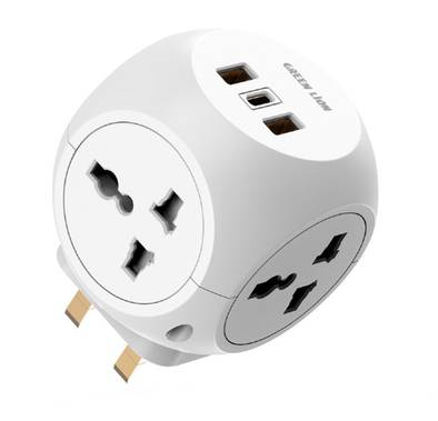 Green Lion Multi Port Travel Adapter with 4 AC Sockets, 2 USB-A Ports & USB-C Port, Short-Circuit Protection, Brass Conductor, Safety Shutters, 3250W Power - White