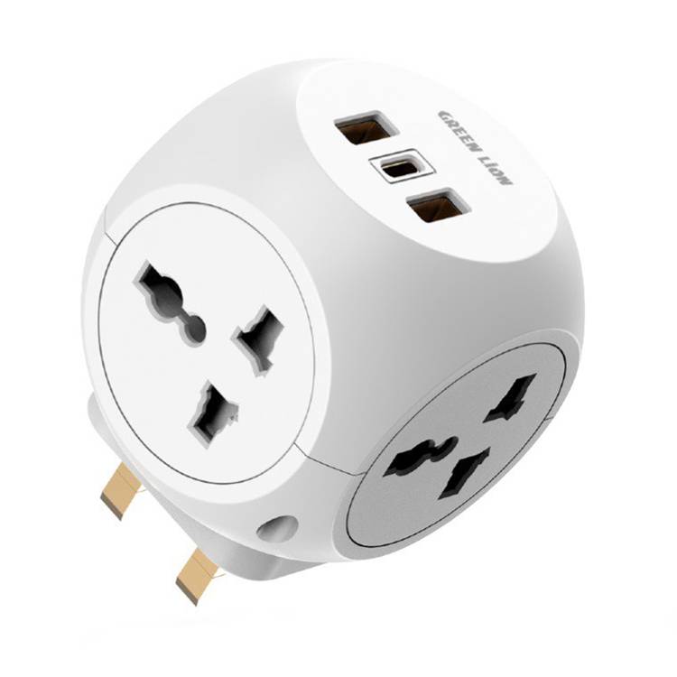 Green Lion Multi Port Travel Adapter with 4 AC Sockets, 2 USB-A Ports & USB-C Port, Short-Circuit Protection, Brass Conductor, Safety Shutters, 3250W Power - White