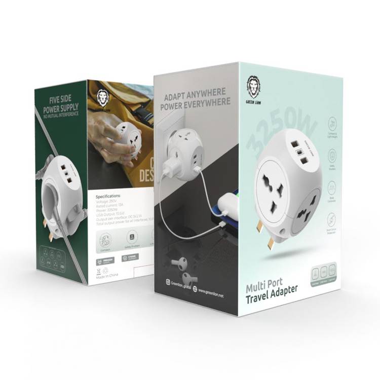 Green Lion Multi Port Travel Adapter with 4 AC Sockets, 2 USB-A Ports & USB-C Port, Short-Circuit Protection, Brass Conductor, Safety Shutters, 3250W Power - White