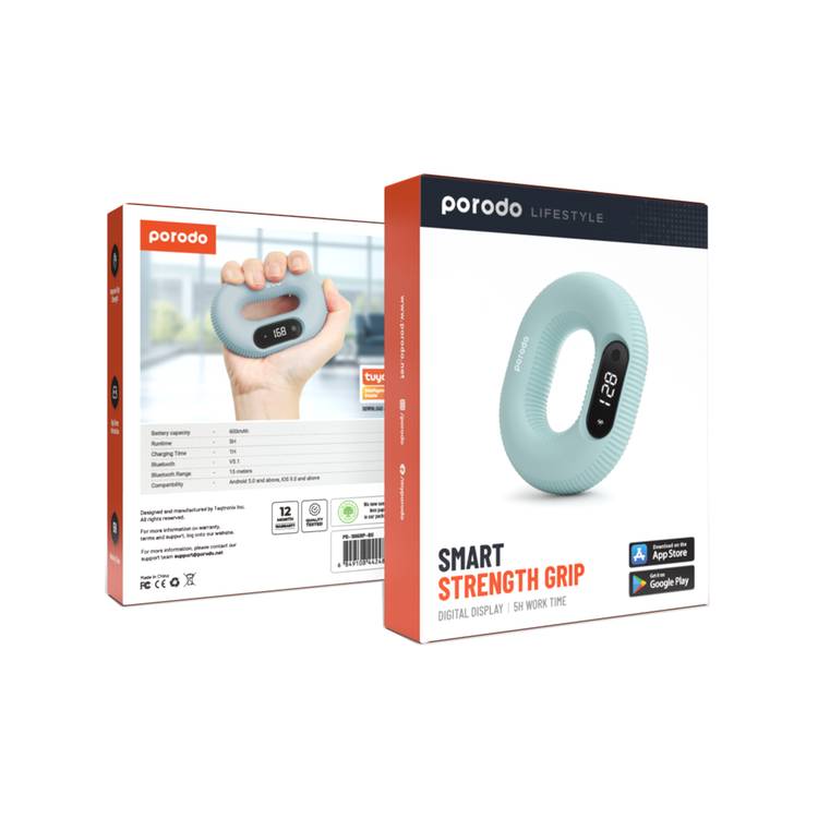 Porodo Smart Strength Grip with Digital Display, 60mAh Battery Capacity, App Game Interaction, Type-C Charging Port, 1 Hour Charging Time, 5 Hours Working Time, Bluetooth Version 5.1 - Blue