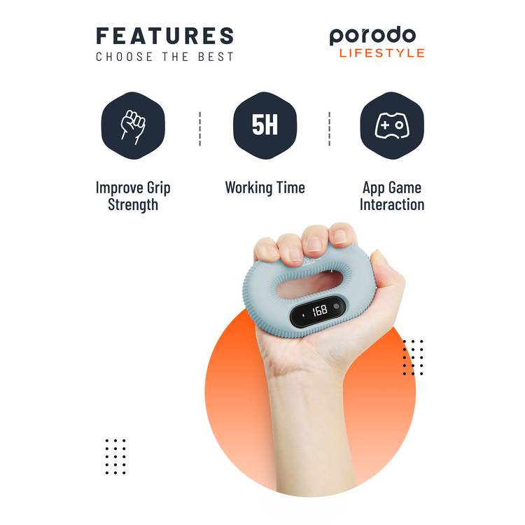Porodo Smart Strength Grip with Digital Display, 60mAh Battery Capacity, App Game Interaction, Type-C Charging Port, 1 Hour Charging Time, 5 Hours Working Time, Bluetooth Version 5.1 - Blue