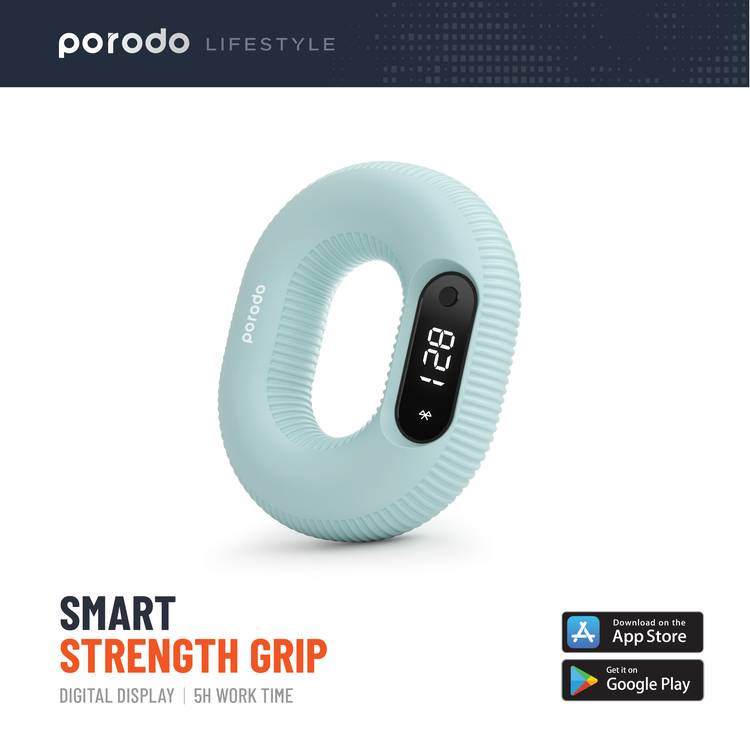 Porodo Smart Strength Grip with Digital Display, 60mAh Battery Capacity, App Game Interaction, Type-C Charging Port, 1 Hour Charging Time, 5 Hours Working Time, Bluetooth Version 5.1 - Blue