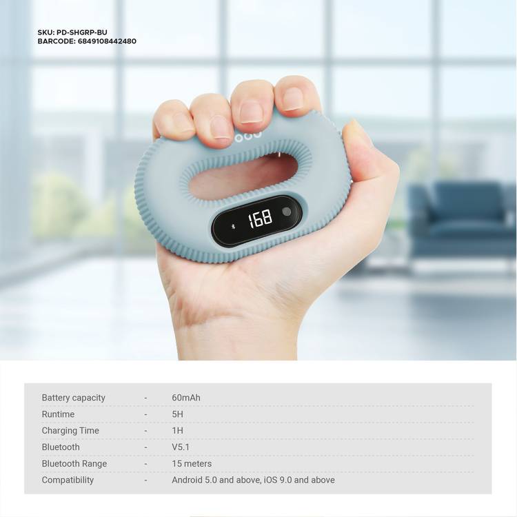 Porodo Smart Strength Grip with Digital Display, 60mAh Battery Capacity, App Game Interaction, Type-C Charging Port, 1 Hour Charging Time, 5 Hours Working Time, Bluetooth Version 5.1 - Blue