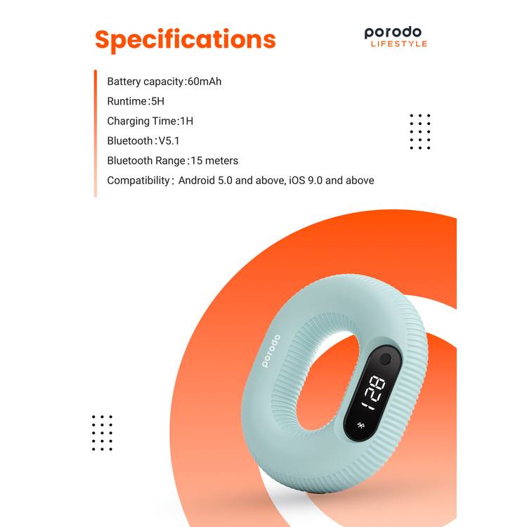 Porodo Smart Strength Grip with Digital Display, 60mAh Battery Capacity, App Game Interaction, Type-C Charging Port, 1 Hour Charging Time, 5 Hours Working Time, Bluetooth Version 5.1 - Blue