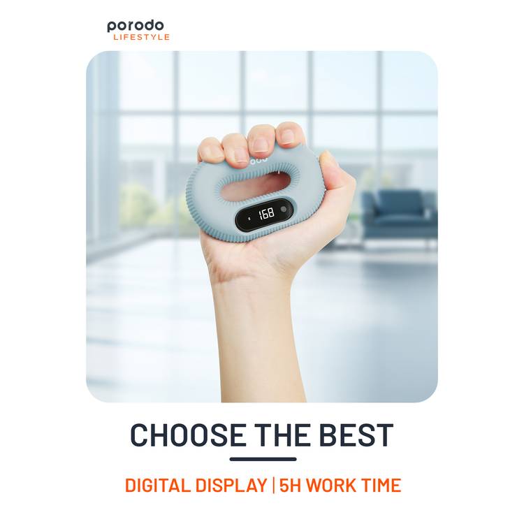Porodo Smart Strength Grip with Digital Display, 60mAh Battery Capacity, App Game Interaction, Type-C Charging Port, 1 Hour Charging Time, 5 Hours Working Time, Bluetooth Version 5.1 - Blue