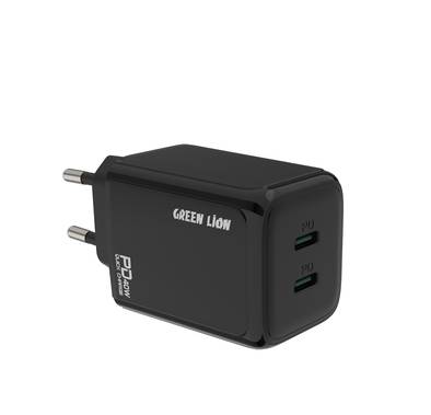 Green Lion Dual PD Wall Charger with 40W Power up Safely, EU Power Plug, 2 Ports Type-C Output, Fast Charging, Ultra Portable, Charging Protection - Black