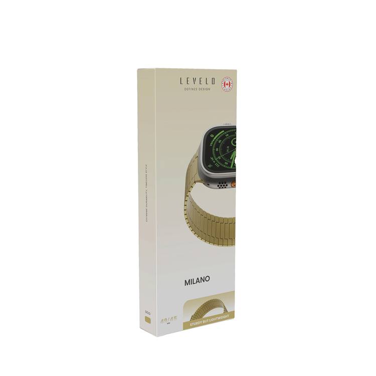 Levelo Milano Watch Strap for Apple Watch 49/45 mm, Lightweight & Highly Durable, Adjustable Links, Hypoallergenic Material, Anti-Oxidation Technology - Gold