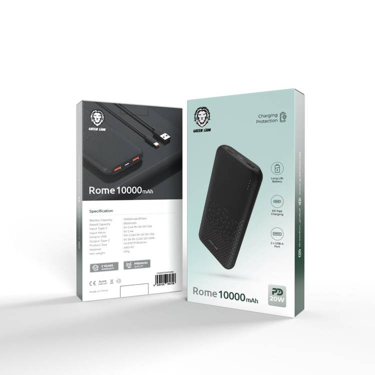 Green Lion Rome 10000mAh Power Bank, Compact & Lightweight Design, 20W Power Delivery, Fast Charge, 2 × USB-A & Type-C Output, Type-C & Micro Input - Black