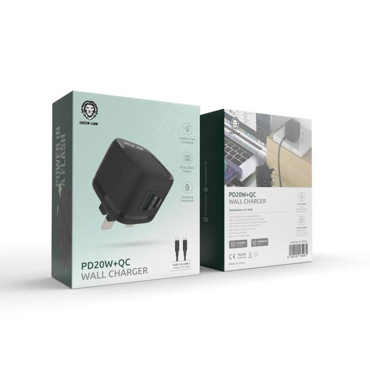 Green Lion PD 20W + QC Wall Charger With Type-C To Type-C Cable  - Black