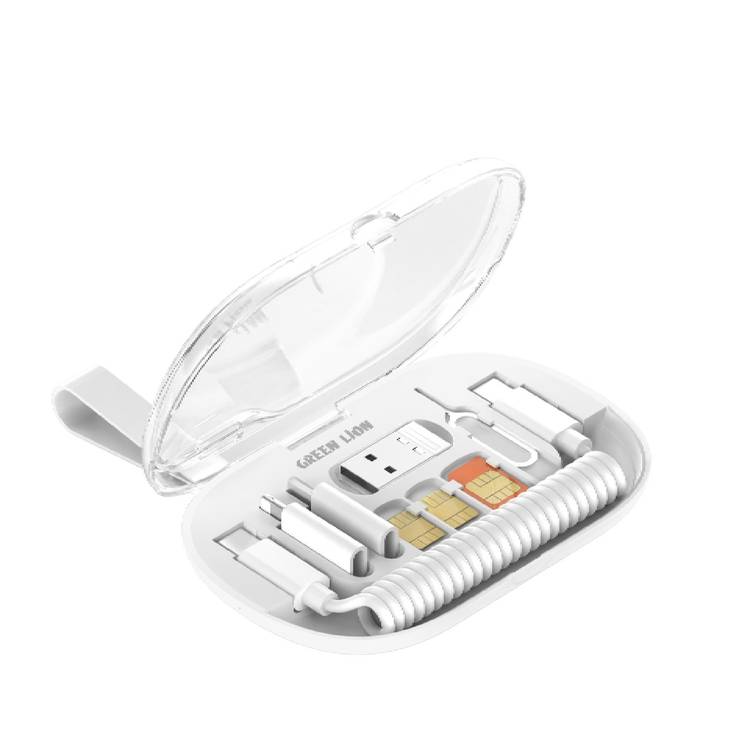 Green Lion 6-in-1 Multi-Functional Data Cable Set, Type-C to Type-C Cable, USB-A/Lightning/Micro Connectors, 65 W Fast Charging, ABS + PC Plastic Shell, Compact & Portable, Supports Charge and Sync, SIM Ejector Pin, Sim Card Slot - White