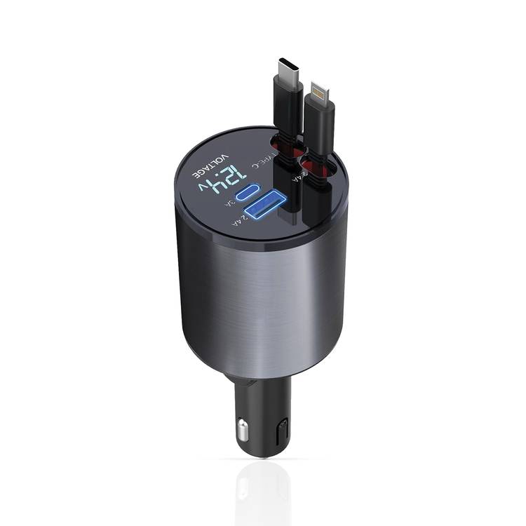 Green Lion 4-in-1 Car Charger with Retractable Cable, Built-in Safety Fuse, Voltage Display, Charge 4 Devices at-the Same Time, Over Current Protection, Short Circuit Protection - Black