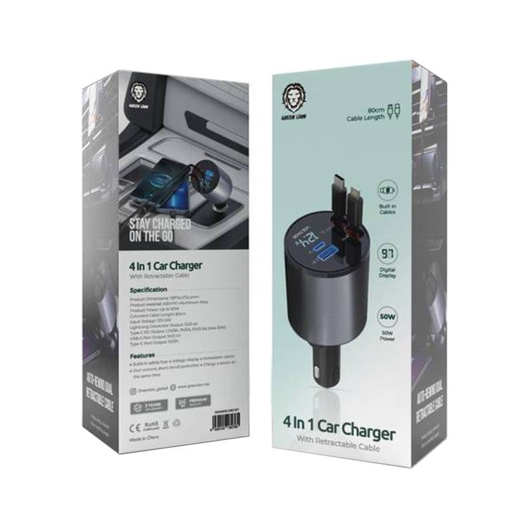 Green Lion 4-in-1 Car Charger with Retractable Cable, Built-in Safety Fuse, Voltage Display, Charge 4 Devices at-the Same Time, Over Current Protection, Short Circuit Protection - Black
